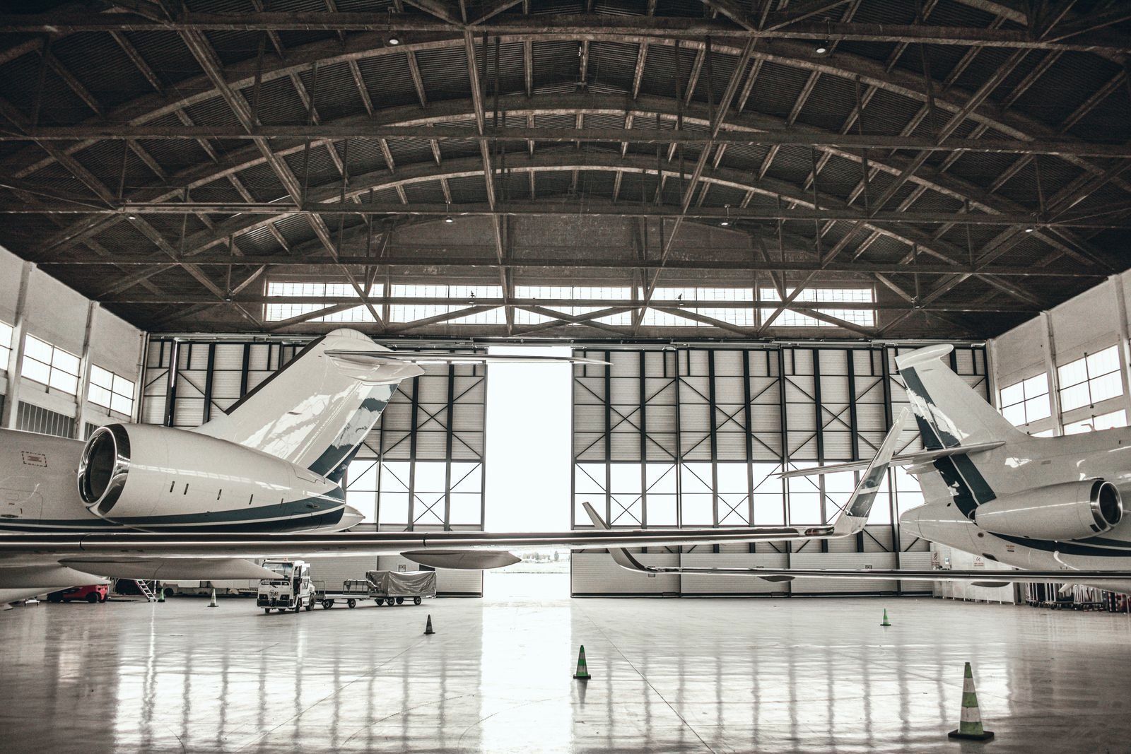Aircraft inside a maintenance hangar